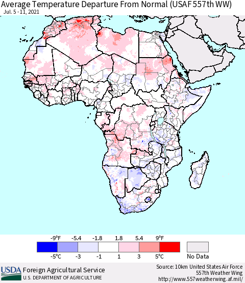 Africa Average Temperature Departure from Normal (USAF 557th WW) Thematic Map For 7/5/2021 - 7/11/2021