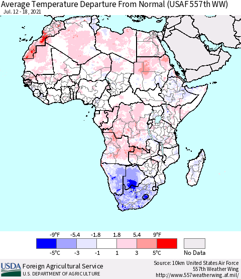Africa Average Temperature Departure from Normal (USAF 557th WW) Thematic Map For 7/12/2021 - 7/18/2021