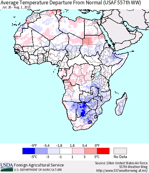 Africa Average Temperature Departure from Normal (USAF 557th WW) Thematic Map For 7/26/2021 - 8/1/2021