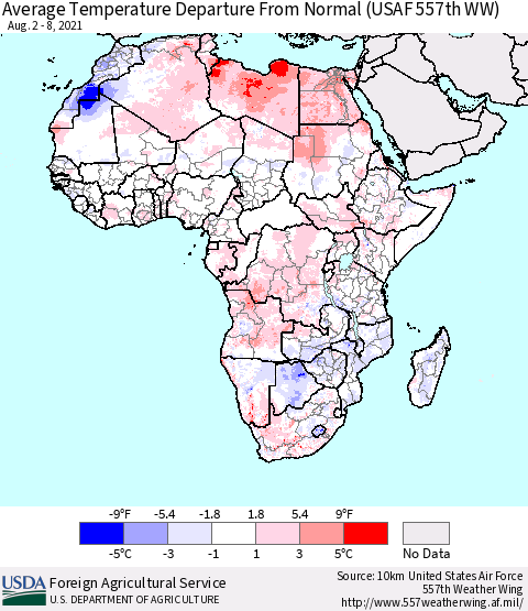 Africa Average Temperature Departure from Normal (USAF 557th WW) Thematic Map For 8/2/2021 - 8/8/2021