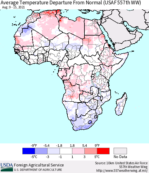 Africa Average Temperature Departure from Normal (USAF 557th WW) Thematic Map For 8/9/2021 - 8/15/2021