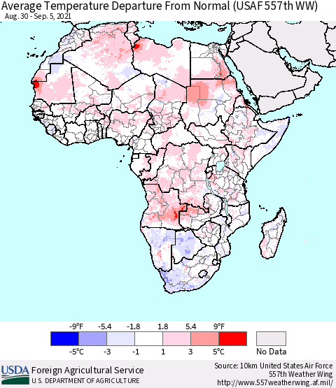 Africa Average Temperature Departure from Normal (USAF 557th WW) Thematic Map For 8/30/2021 - 9/5/2021