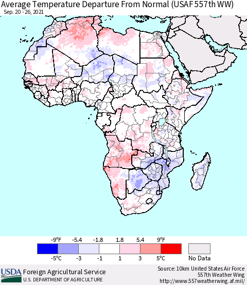Africa Average Temperature Departure from Normal (USAF 557th WW) Thematic Map For 9/20/2021 - 9/26/2021