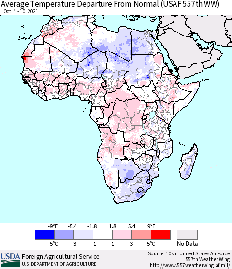 Africa Average Temperature Departure from Normal (USAF 557th WW) Thematic Map For 10/4/2021 - 10/10/2021