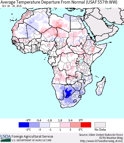 Africa Average Temperature Departure from Normal (USAF 557th WW) Thematic Map For 10/18/2021 - 10/24/2021