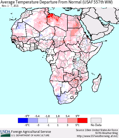 Africa Average Temperature Departure from Normal (USAF 557th WW) Thematic Map For 11/1/2021 - 11/7/2021