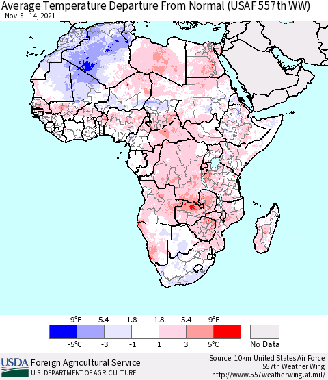 Africa Average Temperature Departure from Normal (USAF 557th WW) Thematic Map For 11/8/2021 - 11/14/2021