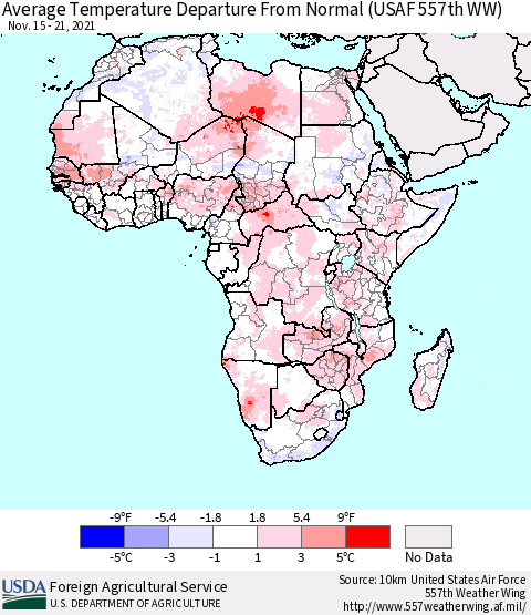 Africa Average Temperature Departure from Normal (USAF 557th WW) Thematic Map For 11/15/2021 - 11/21/2021