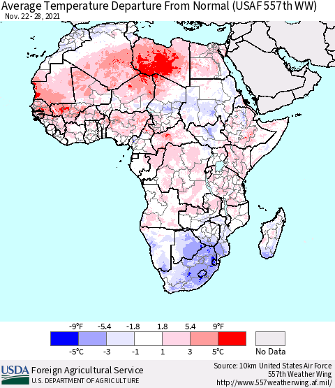 Africa Average Temperature Departure from Normal (USAF 557th WW) Thematic Map For 11/22/2021 - 11/28/2021