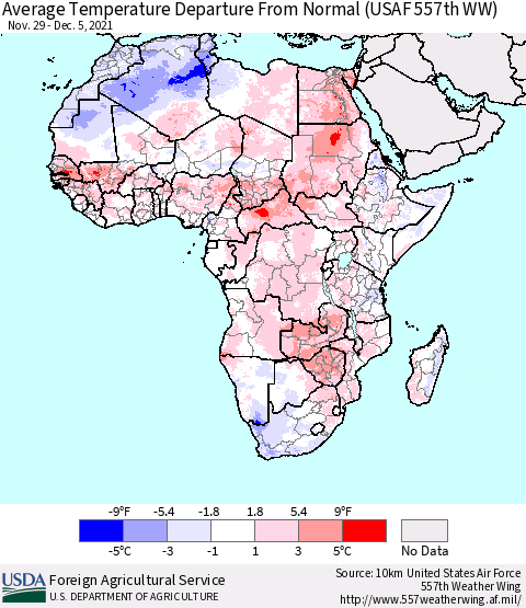 Africa Average Temperature Departure from Normal (USAF 557th WW) Thematic Map For 11/29/2021 - 12/5/2021