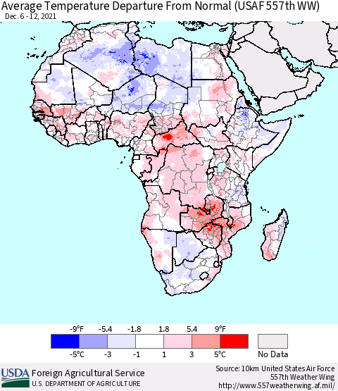 Africa Average Temperature Departure from Normal (USAF 557th WW) Thematic Map For 12/6/2021 - 12/12/2021