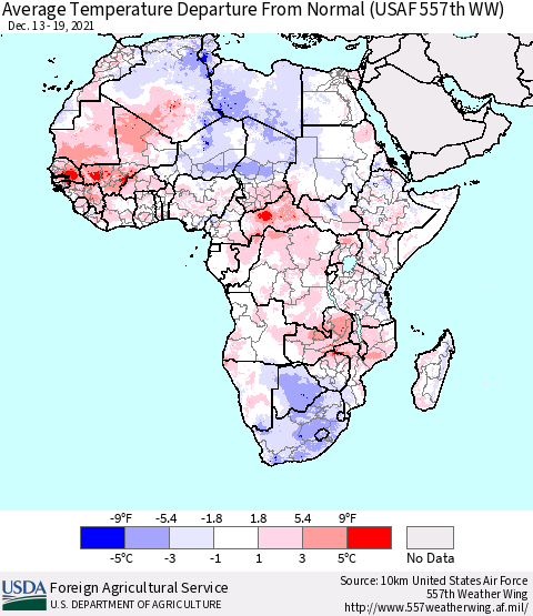 Africa Average Temperature Departure from Normal (USAF 557th WW) Thematic Map For 12/13/2021 - 12/19/2021