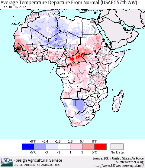 Africa Average Temperature Departure from Normal (USAF 557th WW) Thematic Map For 1/10/2022 - 1/16/2022
