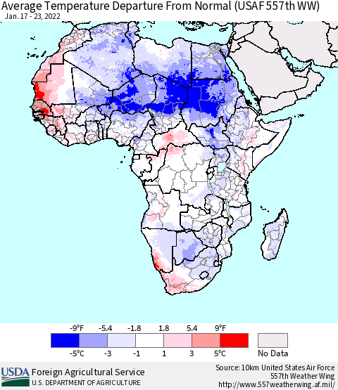 Africa Average Temperature Departure from Normal (USAF 557th WW) Thematic Map For 1/17/2022 - 1/23/2022