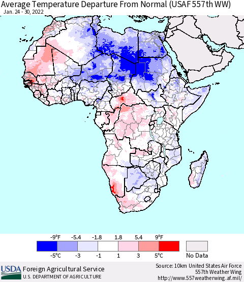 Africa Average Temperature Departure from Normal (USAF 557th WW) Thematic Map For 1/24/2022 - 1/30/2022