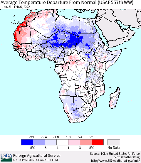 Africa Average Temperature Departure from Normal (USAF 557th WW) Thematic Map For 1/31/2022 - 2/6/2022