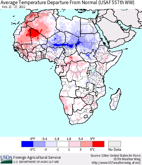 Africa Average Temperature Departure from Normal (USAF 557th WW) Thematic Map For 2/21/2022 - 2/27/2022