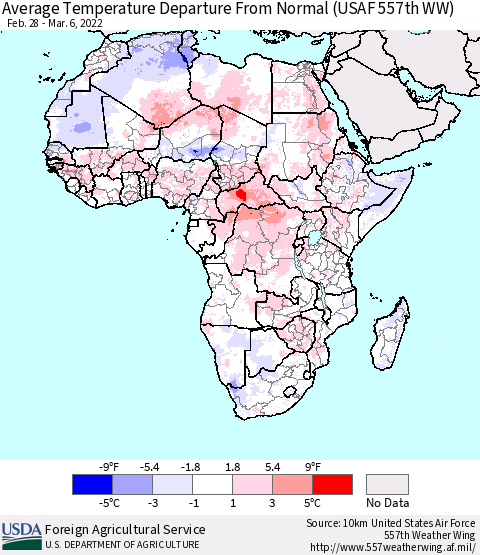 Africa Average Temperature Departure from Normal (USAF 557th WW) Thematic Map For 2/28/2022 - 3/6/2022