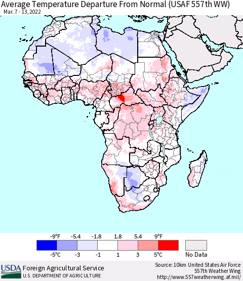 Africa Average Temperature Departure from Normal (USAF 557th WW) Thematic Map For 3/7/2022 - 3/13/2022