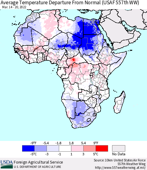 Africa Average Temperature Departure from Normal (USAF 557th WW) Thematic Map For 3/14/2022 - 3/20/2022