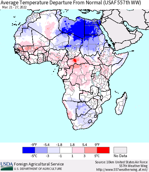 Africa Average Temperature Departure From Normal (USAF 557th WW) Thematic Map For 3/21/2022 - 3/27/2022
