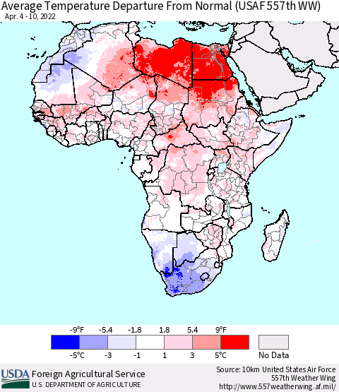 Africa Average Temperature Departure from Normal (USAF 557th WW) Thematic Map For 4/4/2022 - 4/10/2022