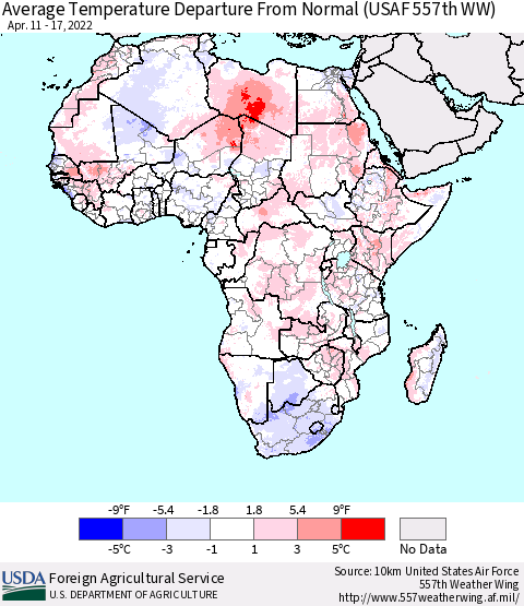 Africa Average Temperature Departure from Normal (USAF 557th WW) Thematic Map For 4/11/2022 - 4/17/2022
