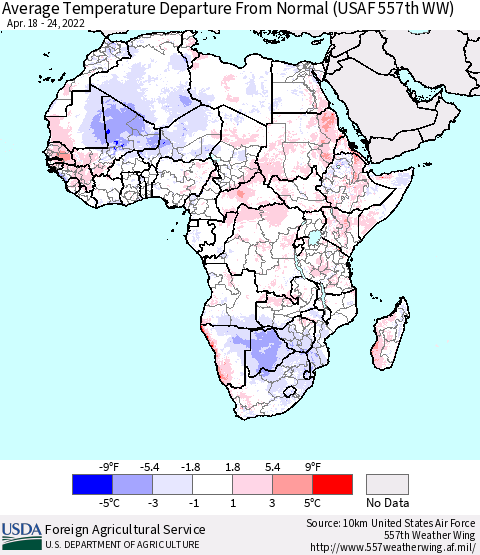 Africa Average Temperature Departure from Normal (USAF 557th WW) Thematic Map For 4/18/2022 - 4/24/2022