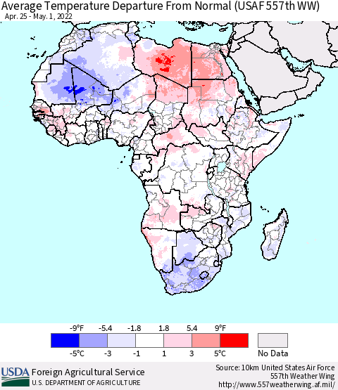 Africa Average Temperature Departure from Normal (USAF 557th WW) Thematic Map For 4/25/2022 - 5/1/2022