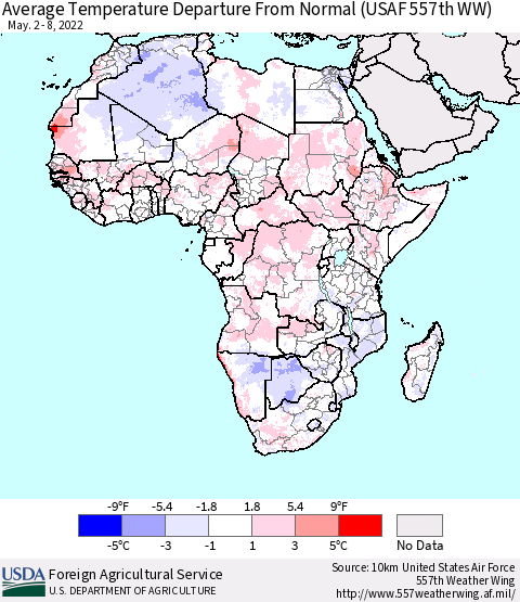 Africa Average Temperature Departure from Normal (USAF 557th WW) Thematic Map For 5/2/2022 - 5/8/2022