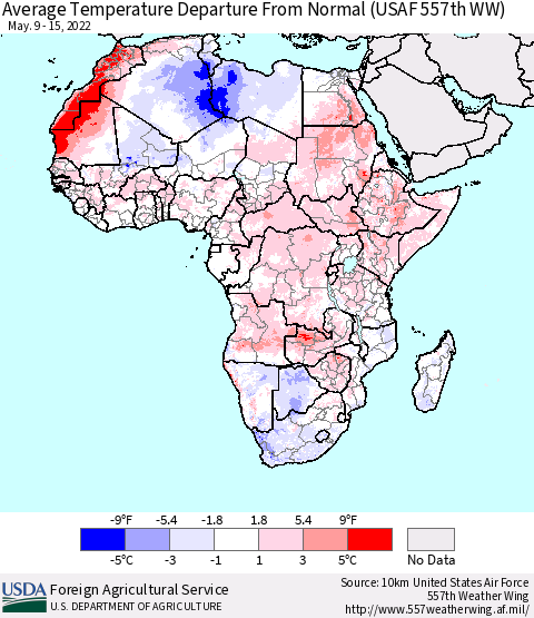 Africa Average Temperature Departure from Normal (USAF 557th WW) Thematic Map For 5/9/2022 - 5/15/2022