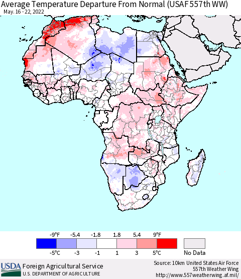 Africa Average Temperature Departure from Normal (USAF 557th WW) Thematic Map For 5/16/2022 - 5/22/2022