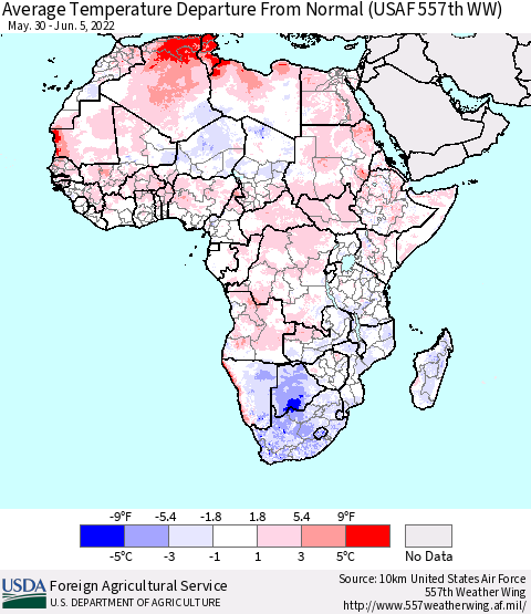 Africa Average Temperature Departure from Normal (USAF 557th WW) Thematic Map For 5/30/2022 - 6/5/2022