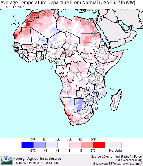 Africa Average Temperature Departure from Normal (USAF 557th WW) Thematic Map For 6/6/2022 - 6/12/2022