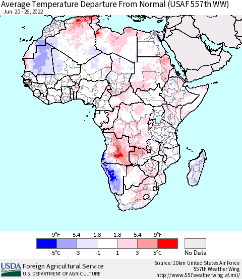 Africa Average Temperature Departure From Normal (USAF 557th WW) Thematic Map For 6/20/2022 - 6/26/2022