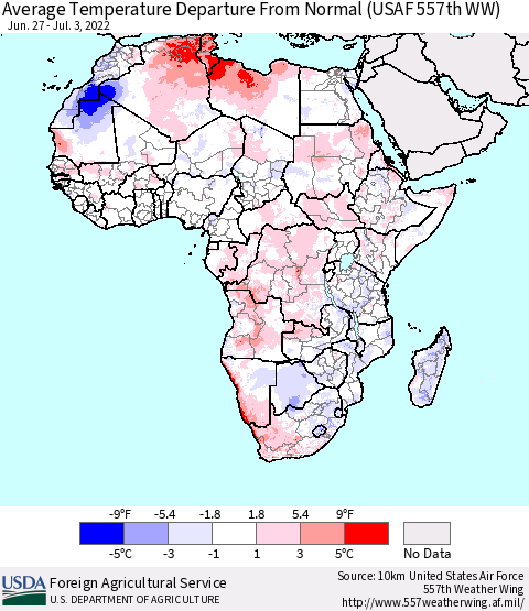 Africa Average Temperature Departure from Normal (USAF 557th WW) Thematic Map For 6/27/2022 - 7/3/2022
