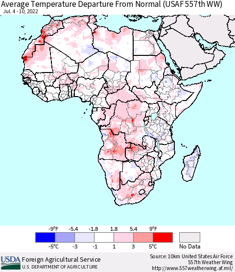 Africa Average Temperature Departure From Normal (USAF 557th WW) Thematic Map For 7/4/2022 - 7/10/2022