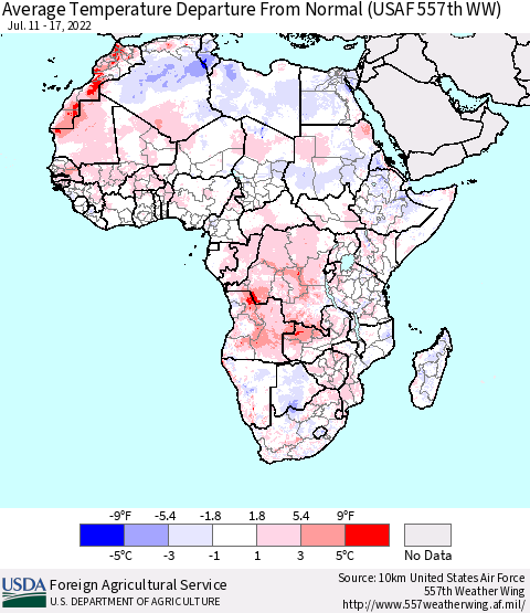 Africa Average Temperature Departure from Normal (USAF 557th WW) Thematic Map For 7/11/2022 - 7/17/2022