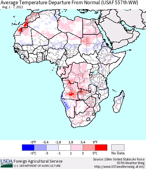 Africa Average Temperature Departure from Normal (USAF 557th WW) Thematic Map For 8/1/2022 - 8/7/2022