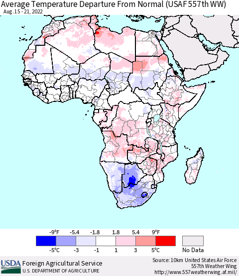 Africa Average Temperature Departure From Normal (USAF 557th WW) Thematic Map For 8/15/2022 - 8/21/2022