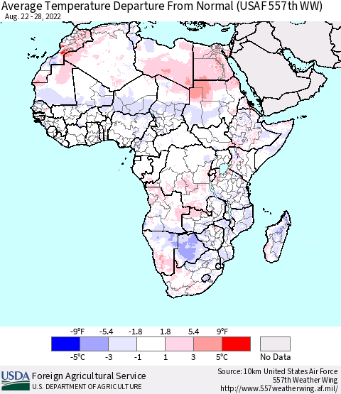 Africa Average Temperature Departure from Normal (USAF 557th WW) Thematic Map For 8/22/2022 - 8/28/2022