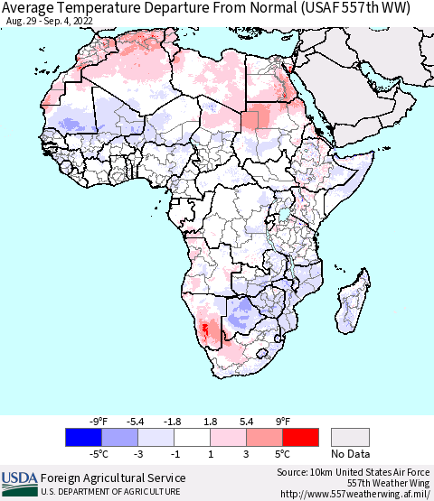 Africa Average Temperature Departure from Normal (USAF 557th WW) Thematic Map For 8/29/2022 - 9/4/2022