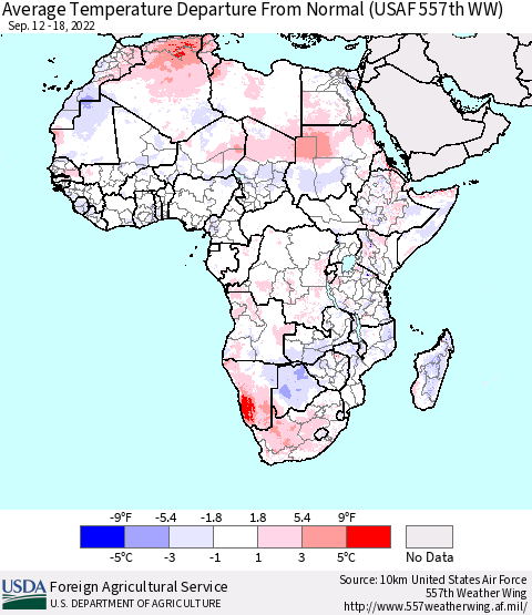 Africa Average Temperature Departure From Normal (USAF 557th WW) Thematic Map For 9/12/2022 - 9/18/2022