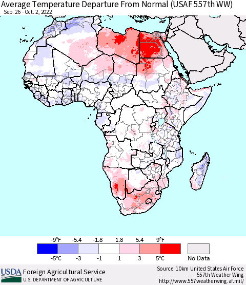 Africa Average Temperature Departure from Normal (USAF 557th WW) Thematic Map For 9/26/2022 - 10/2/2022