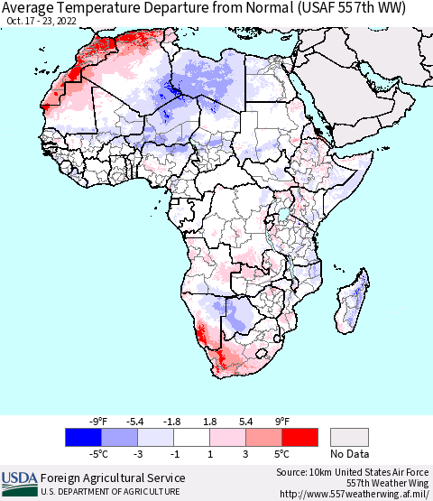 Africa Average Temperature Departure from Normal (USAF 557th WW) Thematic Map For 10/17/2022 - 10/23/2022