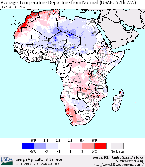 Africa Average Temperature Departure from Normal (USAF 557th WW) Thematic Map For 10/24/2022 - 10/30/2022