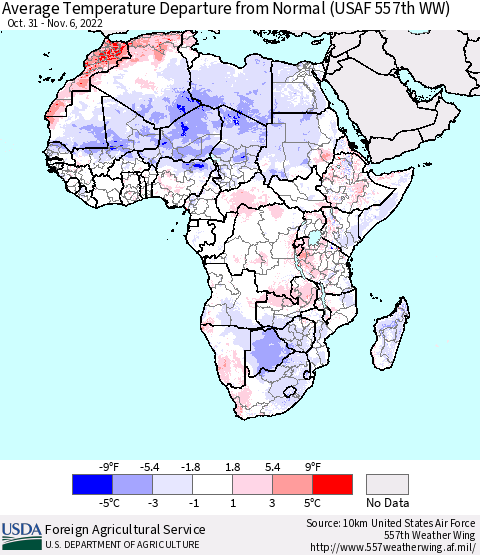 Africa Average Temperature Departure from Normal (USAF 557th WW) Thematic Map For 10/31/2022 - 11/6/2022