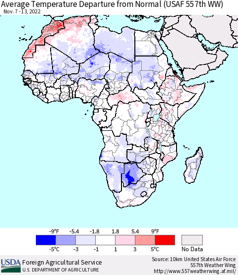 Africa Average Temperature Departure from Normal (USAF 557th WW) Thematic Map For 11/7/2022 - 11/13/2022