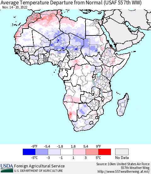 Africa Average Temperature Departure from Normal (USAF 557th WW) Thematic Map For 11/14/2022 - 11/20/2022