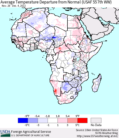 Africa Average Temperature Departure from Normal (USAF 557th WW) Thematic Map For 11/28/2022 - 12/4/2022